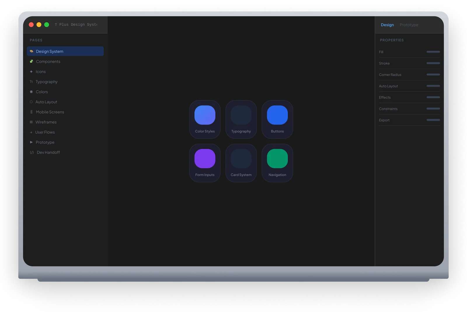 Figma workspace showing the T-PLUS design system organized into pages for design system, components, icons, typography, colors, mobile screens, wireframes, user flows, prototype, and dev handoff