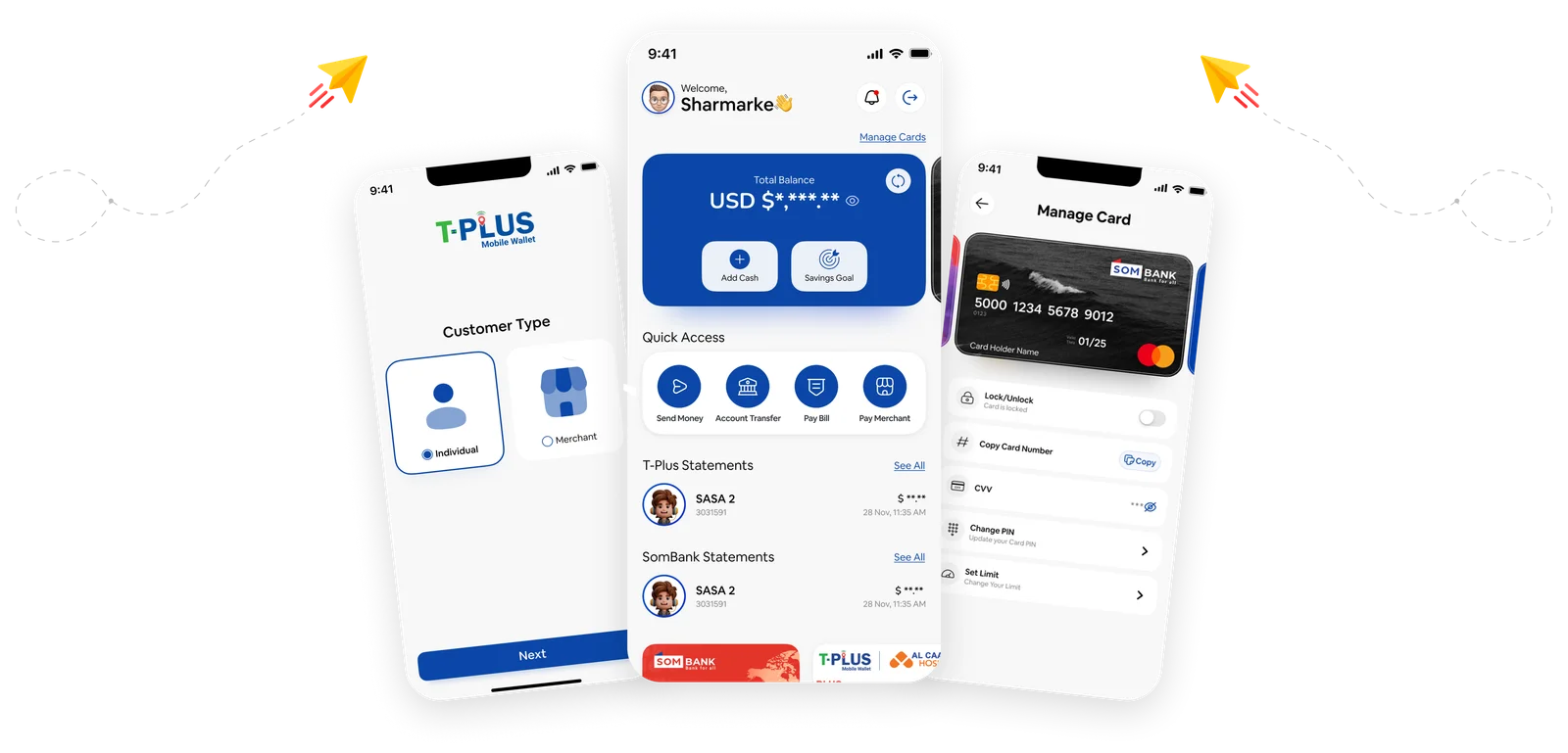 T-PLUS customer type selection, account dashboard, and manage card screens on three phones