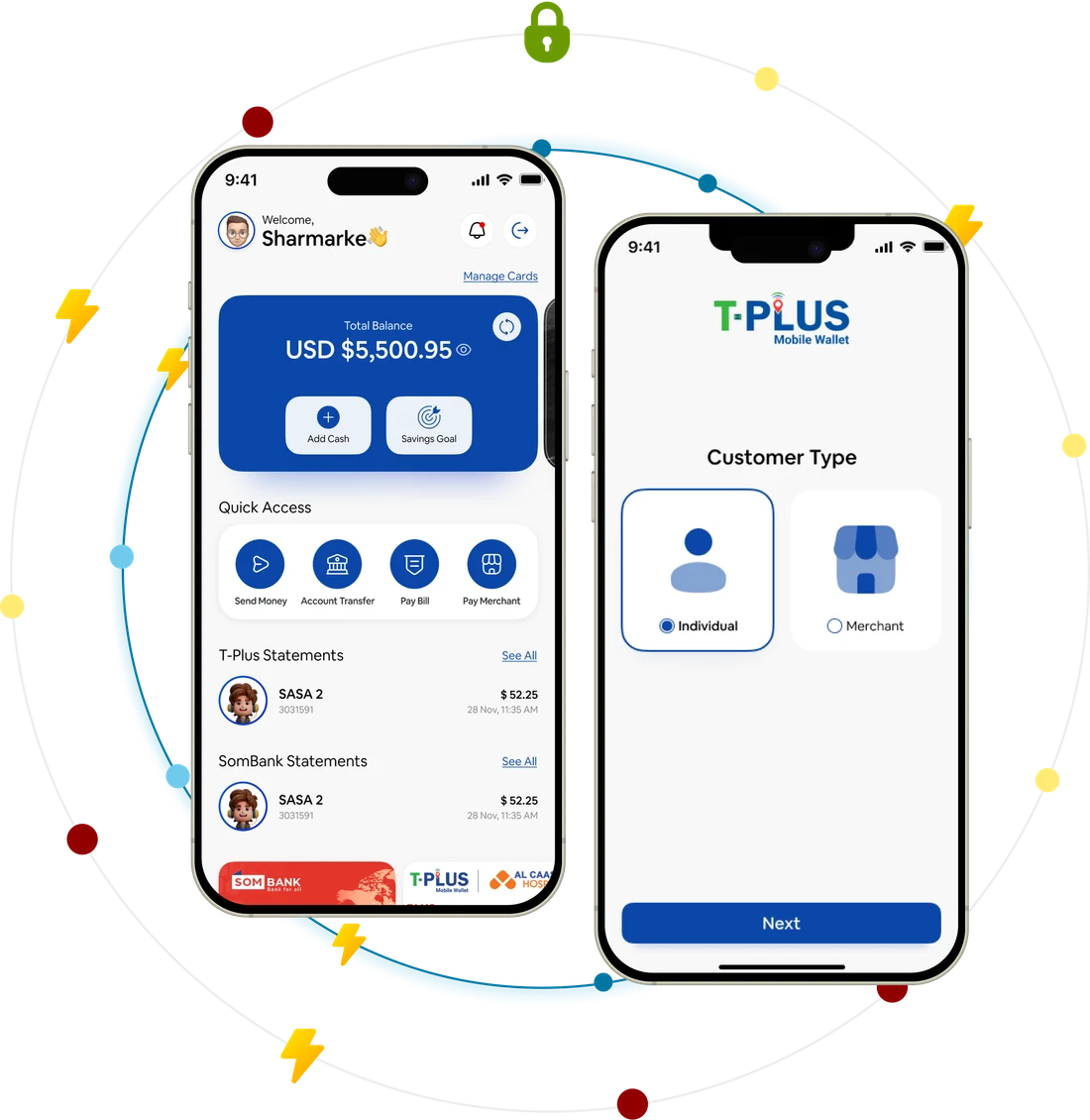 T-PLUS account dashboard and customer type selection screens on two overlapping phones