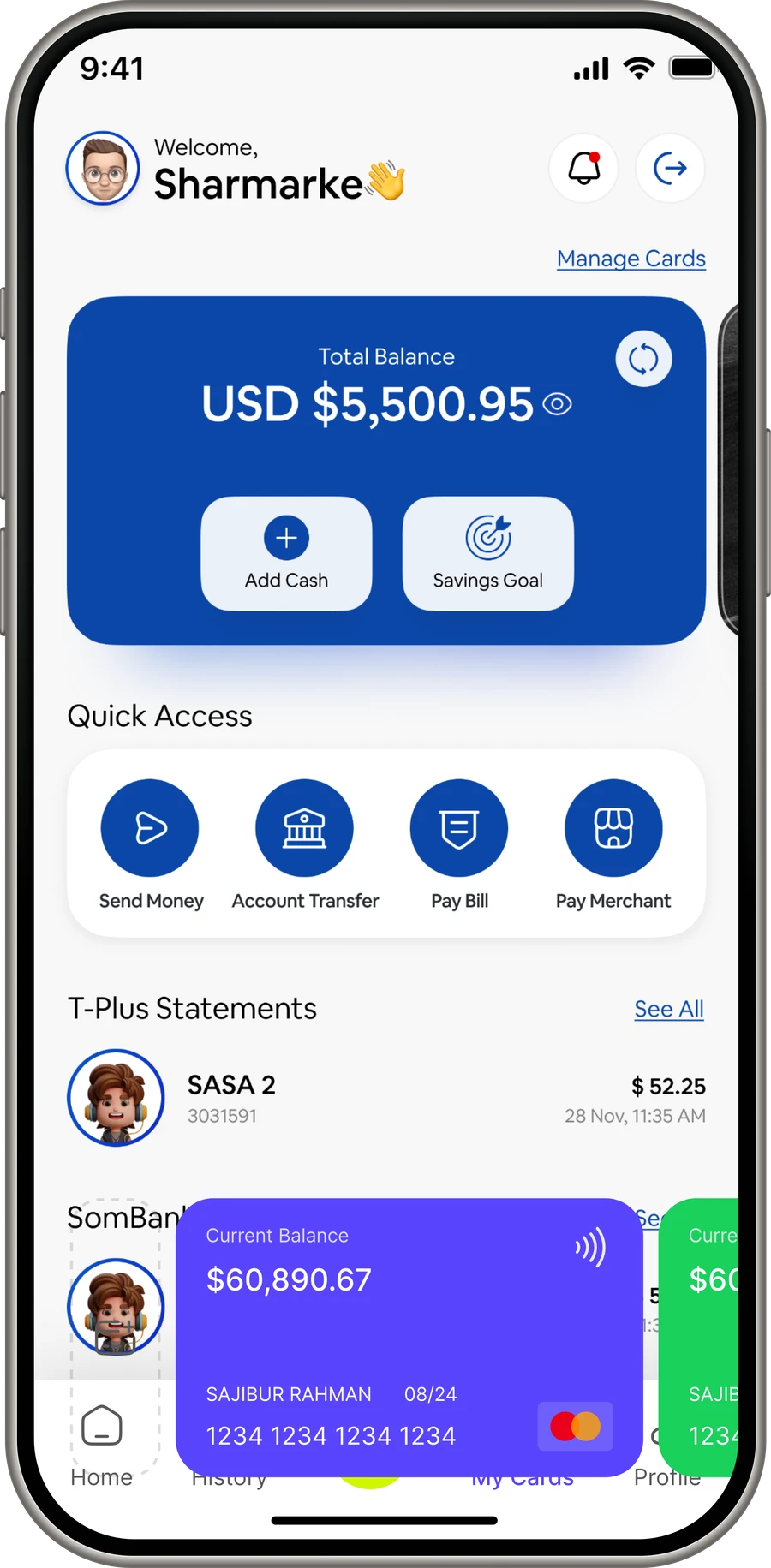 T-PLUS mobile banking app showing account balance, quick access actions, and transaction history