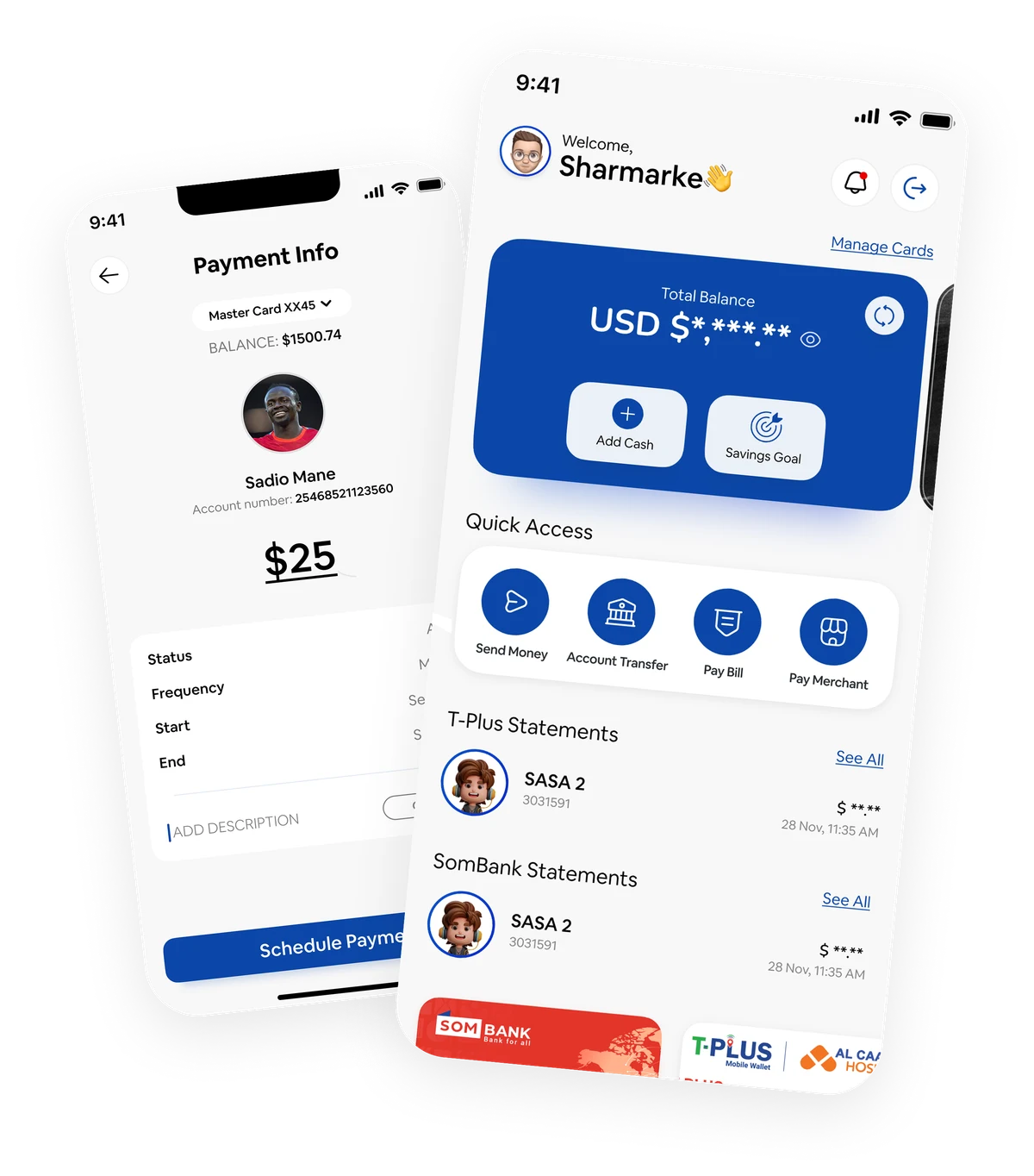 T-PLUS payment info and account dashboard shown on two overlapping phone screens