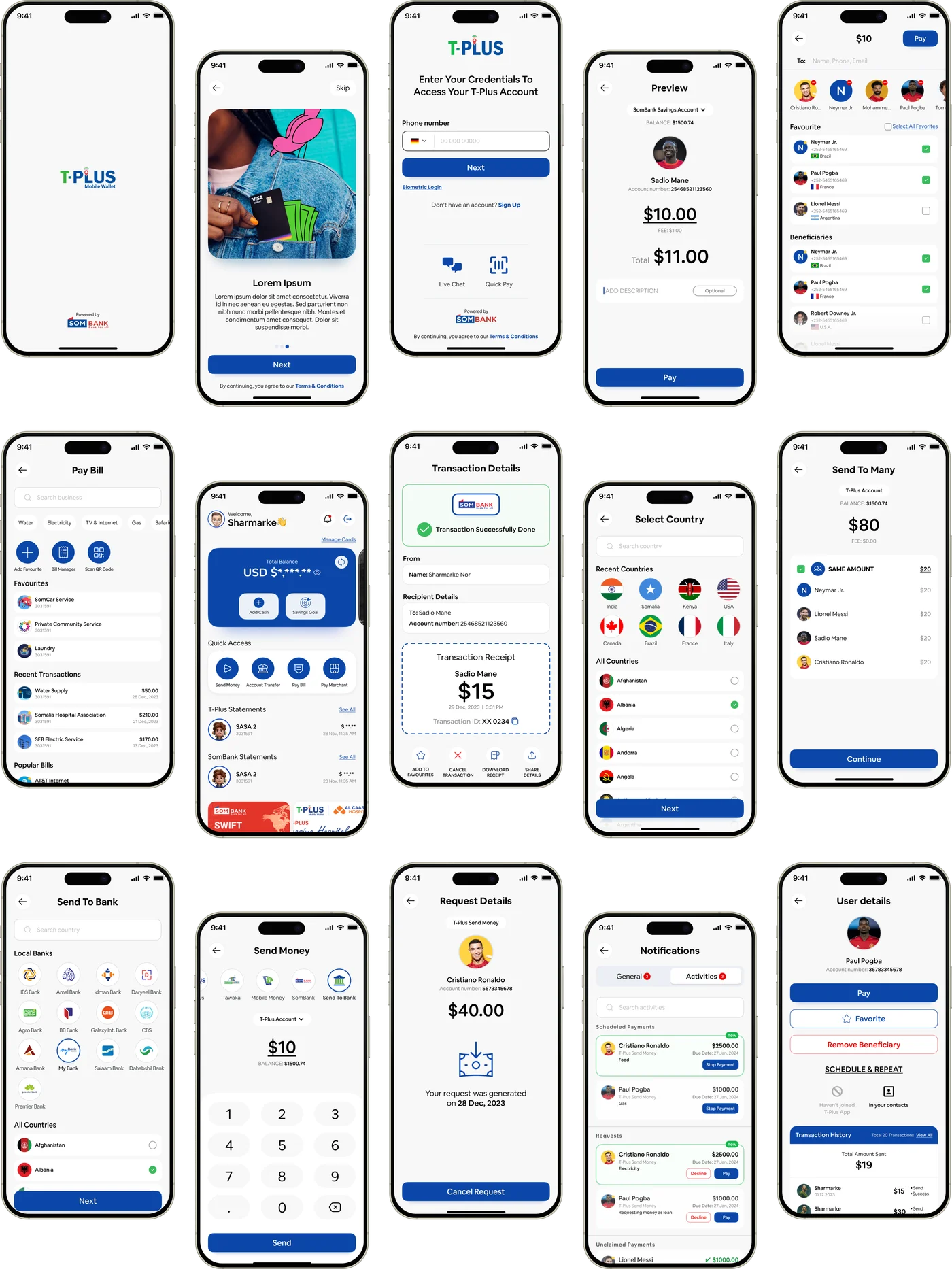 Gallery of fifteen T-PLUS mobile app screens covering onboarding, login, payments, transfers, notifications, and account details