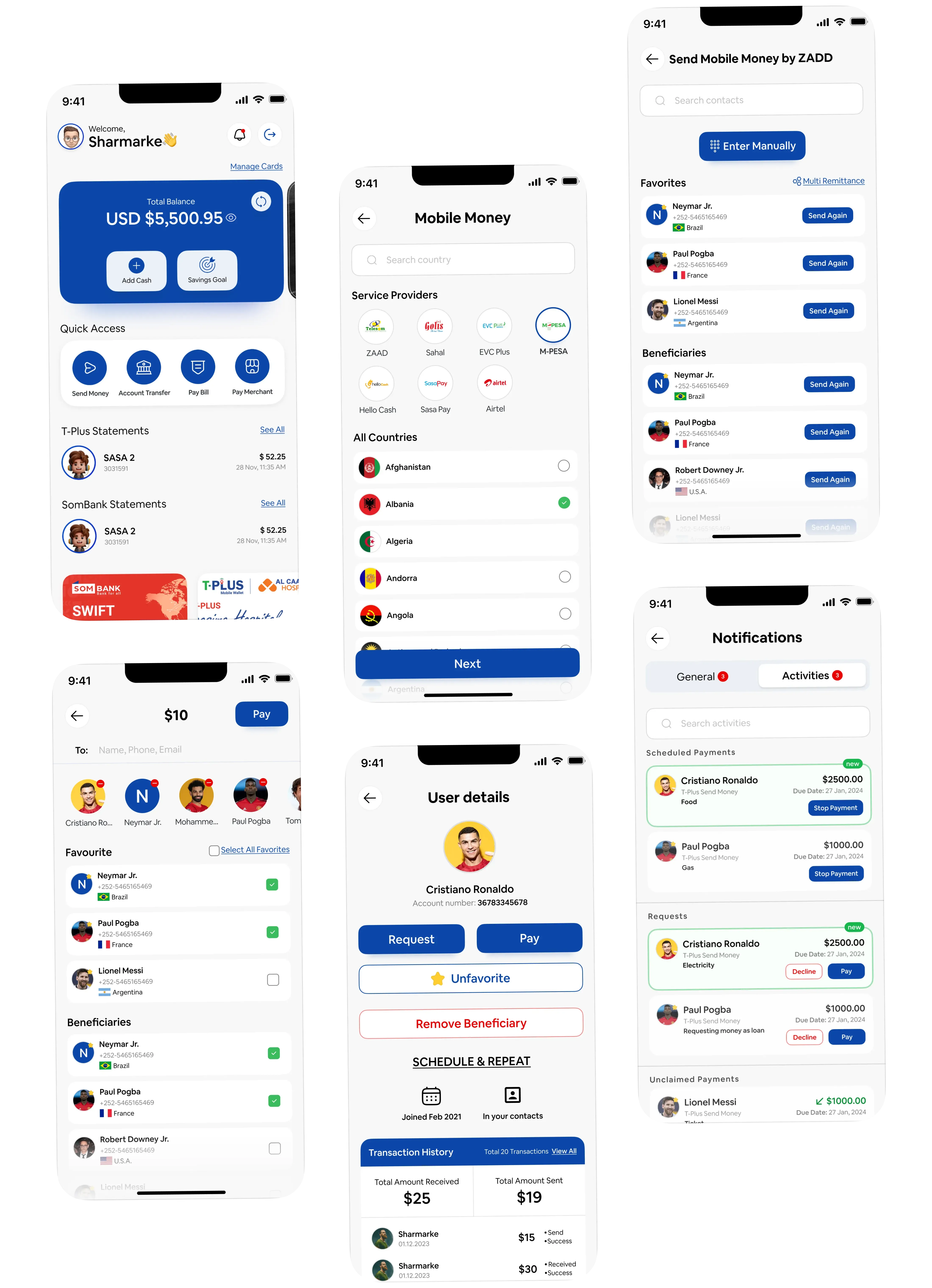 T-PLUS app screens showing the account dashboard, payment info, and manage card screens on three phones